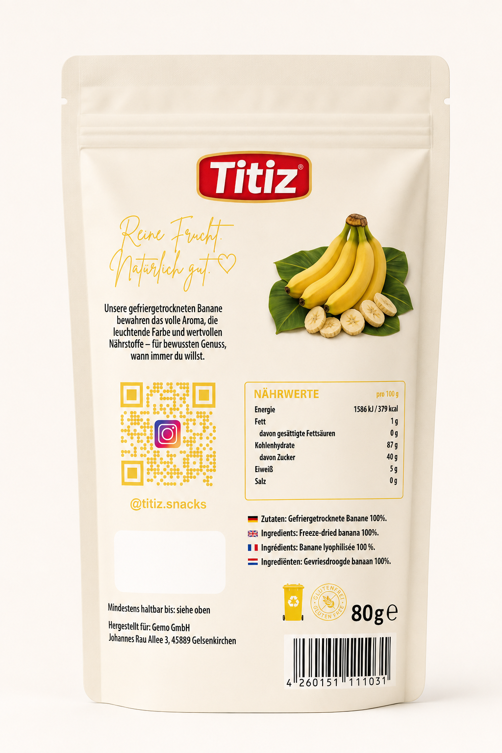 Gefriergetrocknete Bananenstücke - 80g