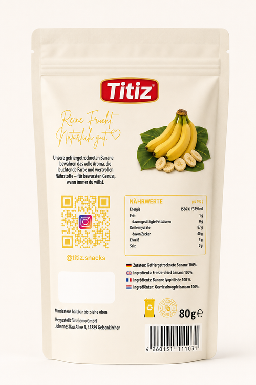 Gefriergetrocknete Bananenstücke - 80g